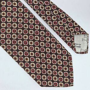 VINTAGE LIBERTY LONDON SILK TIE BROWN RED CREAM GEOMETRIC FOULARD 3.75" X 57"